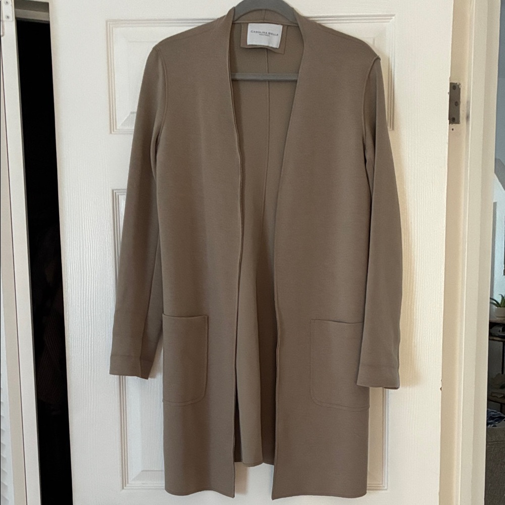 Carolina Belle Taupe Open-Front Longline Cardigan Blazer